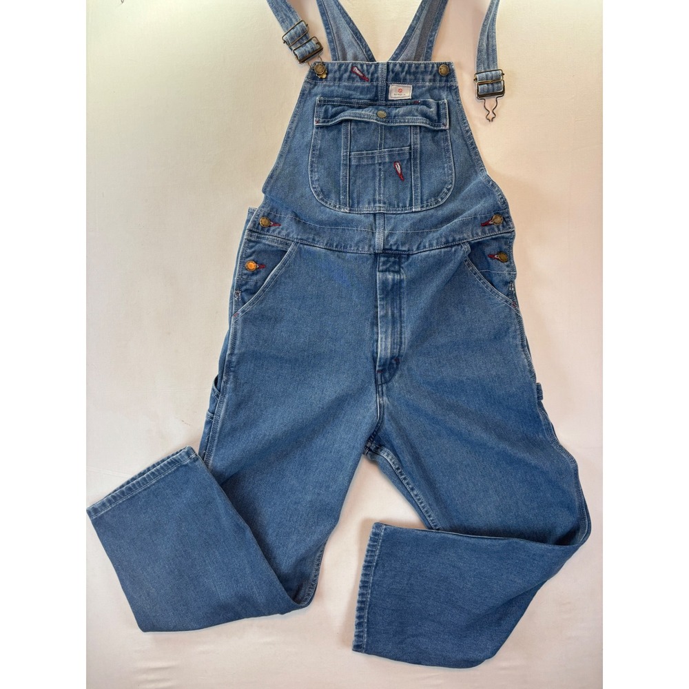 HISEA Mens Blue Denim Bib Overalls 32W 28L Medium Wash Workwear Utility Work